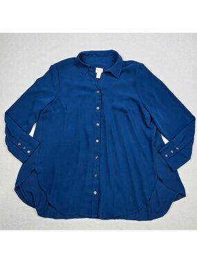 Chicos Size 2 Large Button-Up Blouse Blue Long-Sleeve Polyester Pleated Back
